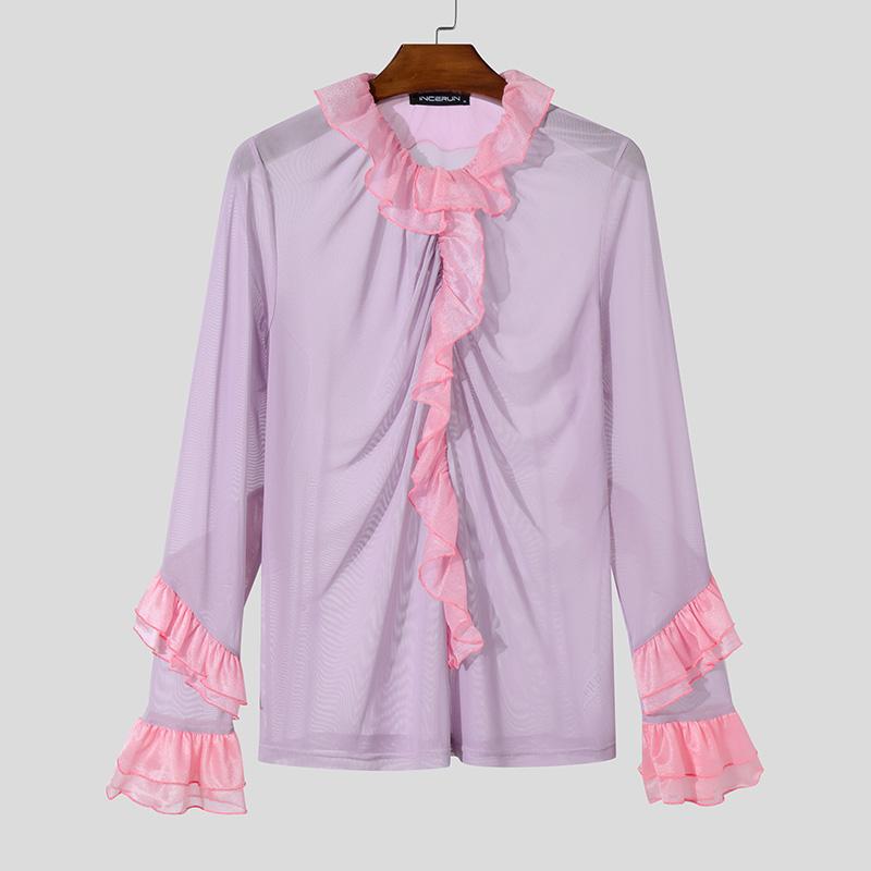 INCERUN Men Long Sleeve Ruffled Hem See Through Tops Party Mesh Shirts