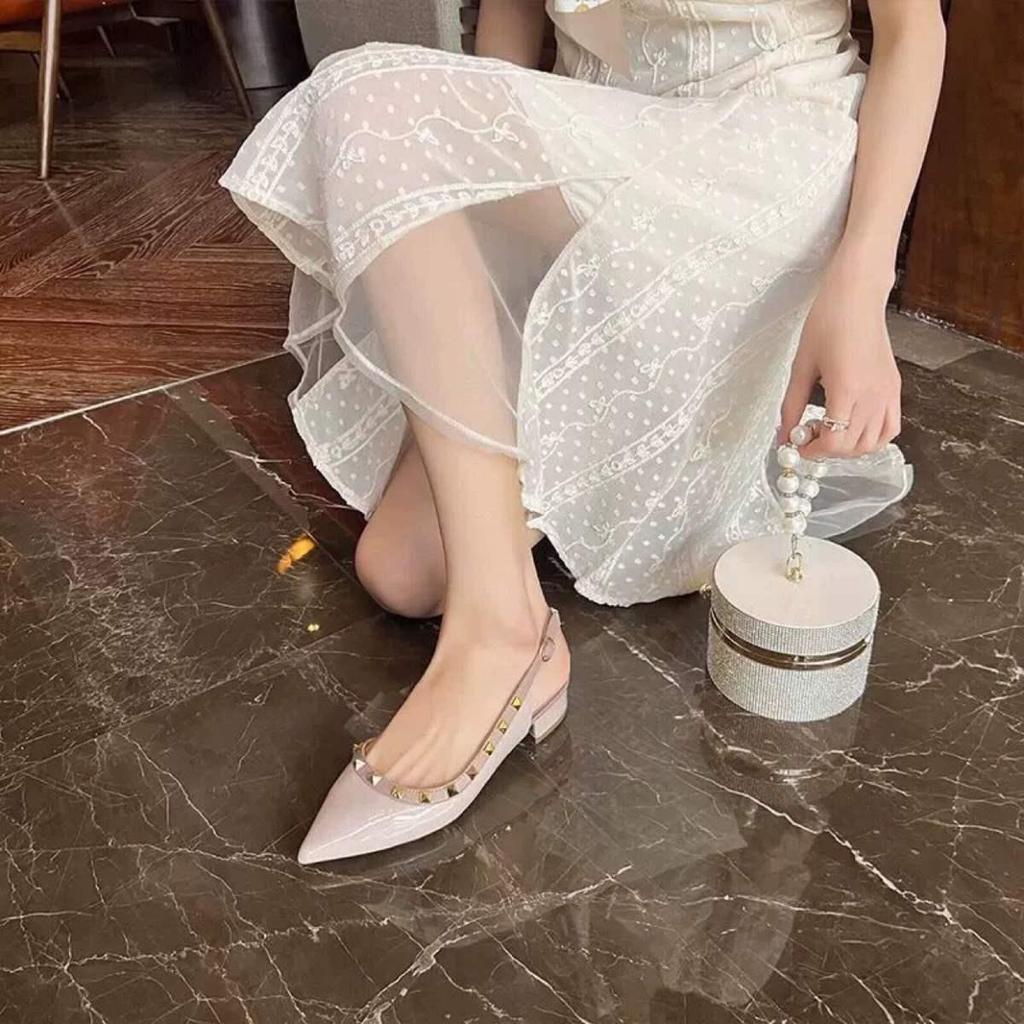 2025 Summer Nude Patent Leather Pointed Toe Chunky Heel Flats for Women