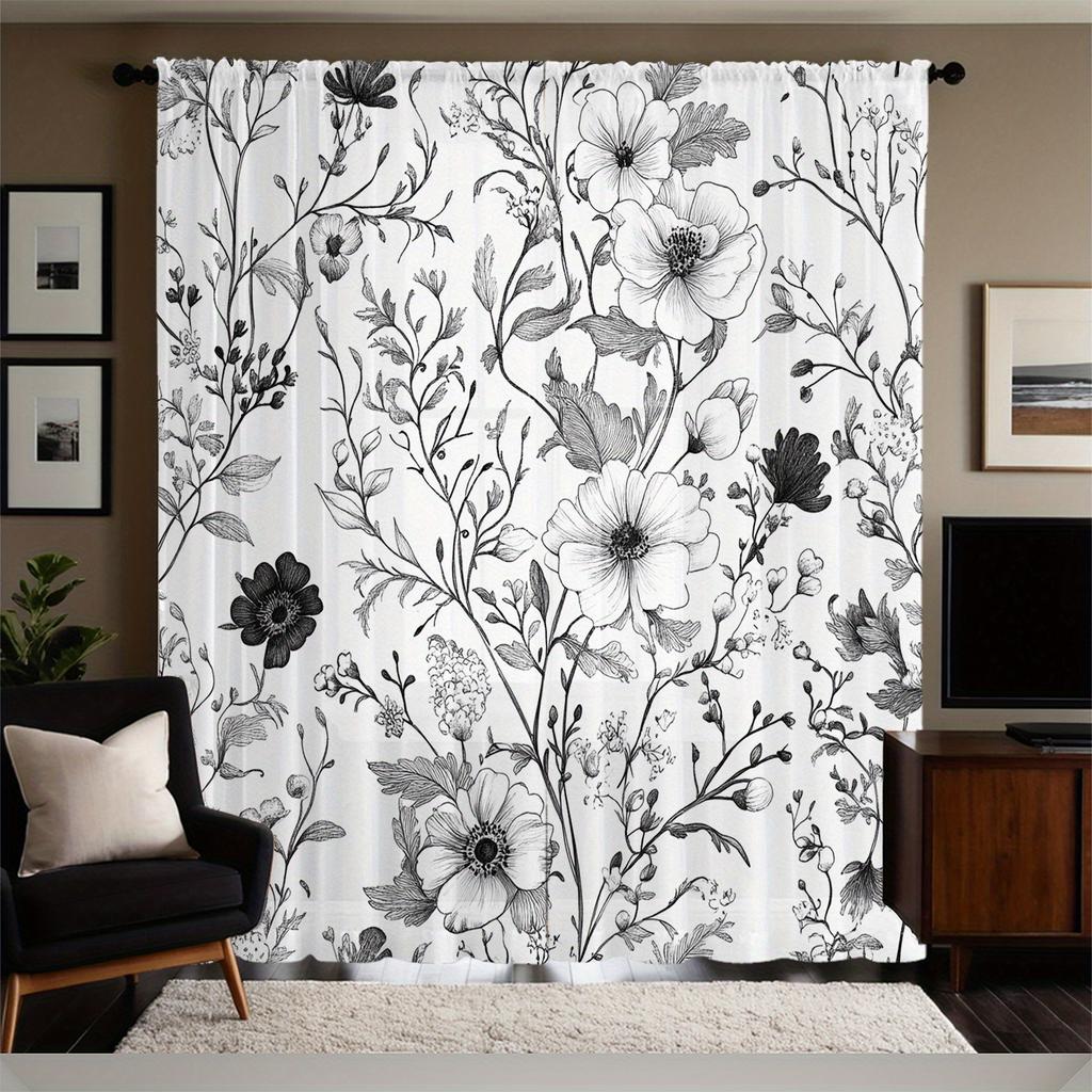 Set Of 2 Black White Floral Print Pattern Curtains Polyester Fabric Suitable Bedroom Living Room Decoration Curtain Perfect For Area