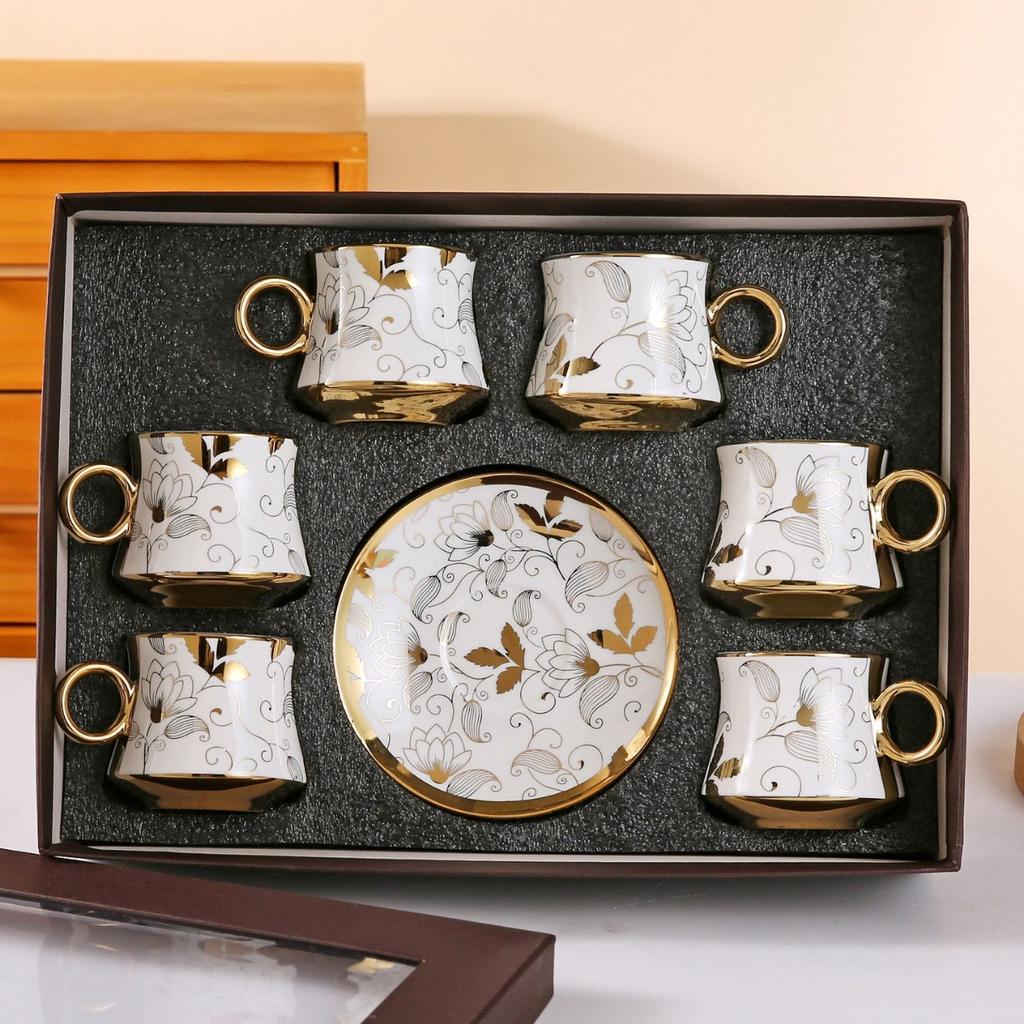 Classic European Style Ceramic Coffee Cup, Gold-plated Ceramic Cup, Trendy Coffee Cup, 6 Cups, 6 Plates Gift Box Set