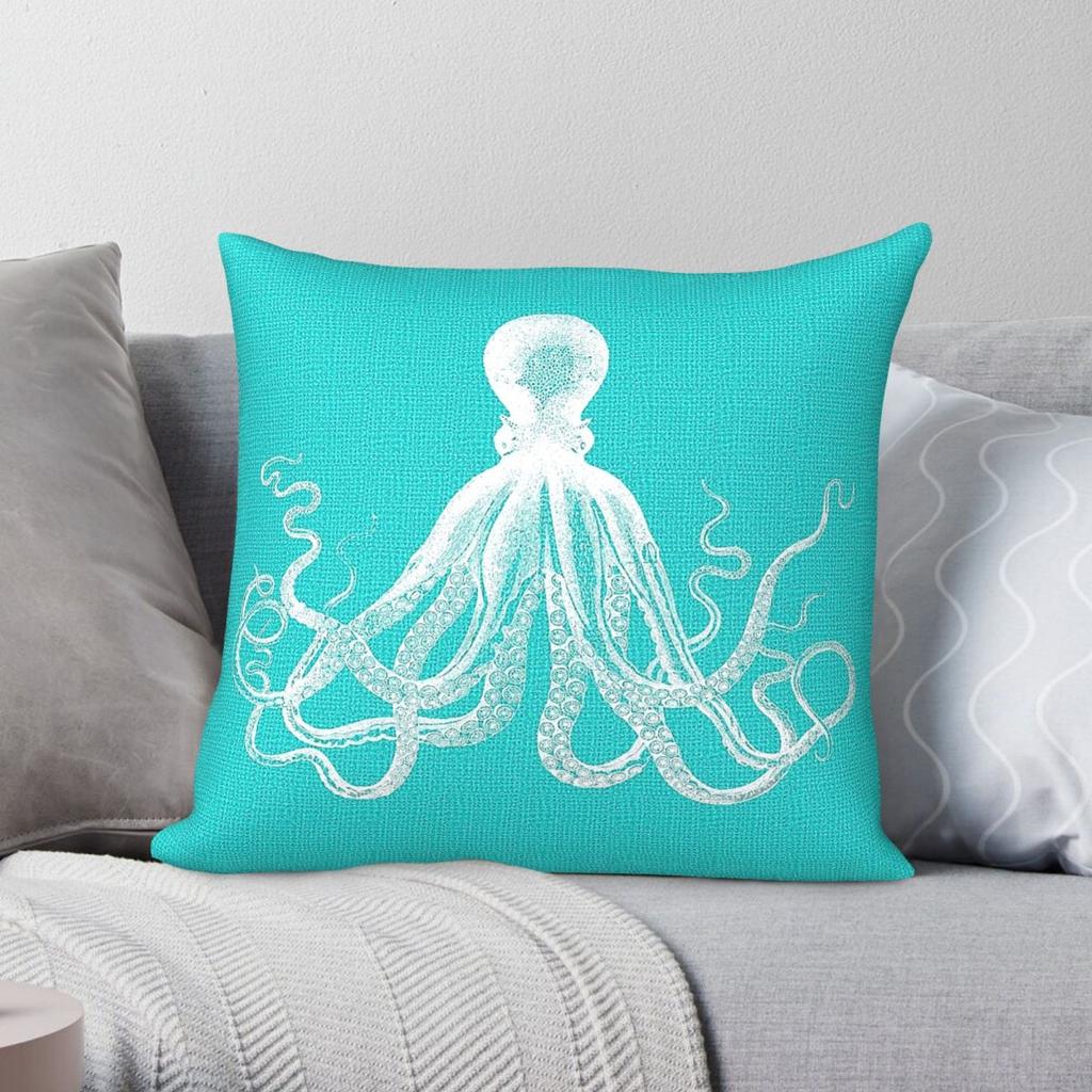 Aqua Blue White Octopus Square Pillowcase Polyester Linen Velvet Pattern Zip Decor Pillow Case Home Cushion Cover