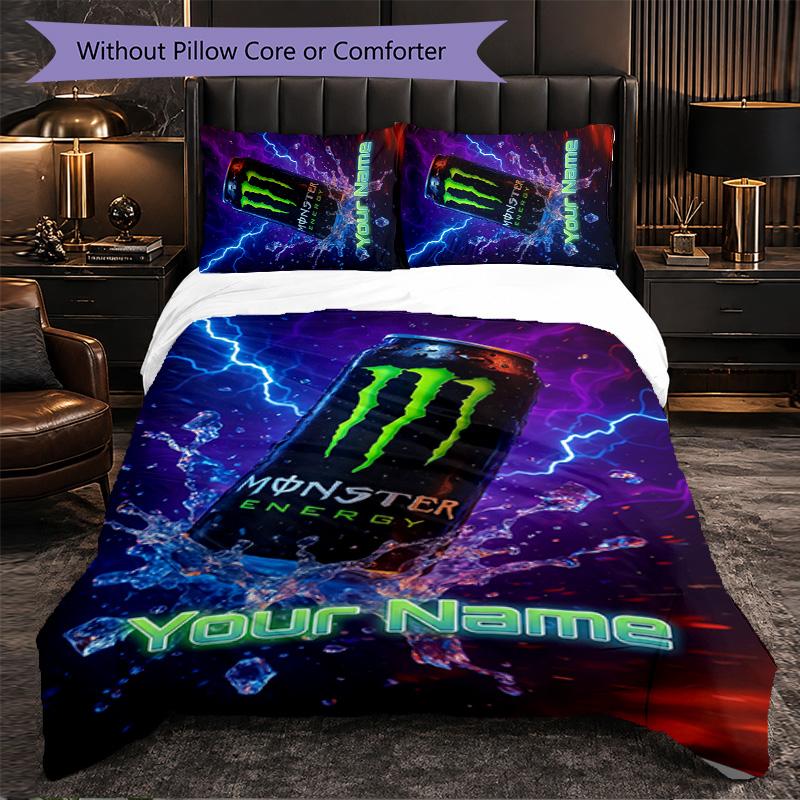 Monster Energy Customized Name Text Bedding Set, 1 Duvet Cover & 2 Pillowcases Personalized Bedroom Gift