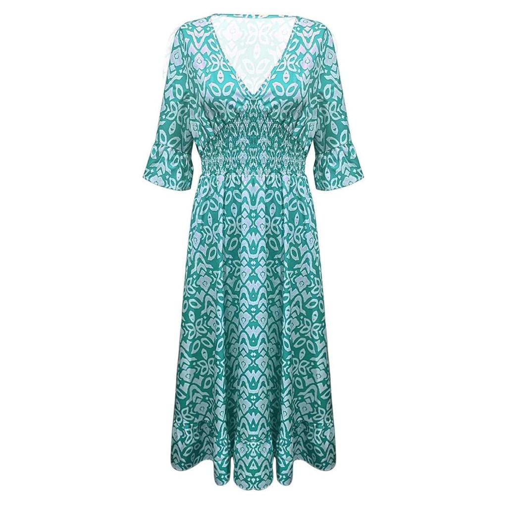 Women's Summer Bohemian Long Dress V-Neck Half Sleeve A Line Dresses Loose Floral Printed Sundress