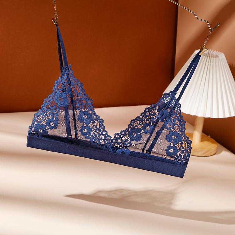 Blonde-BH uten stålring tube-topp tynn uten brystinnlegg dyp V-BH blonder blomstret sexy BH Bralette undertøy