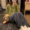 Women's Winter Plush Pajamas Set: Long-Sleeve, Solid Color, Thick Coral Fleece for Home or Outdoor Wear