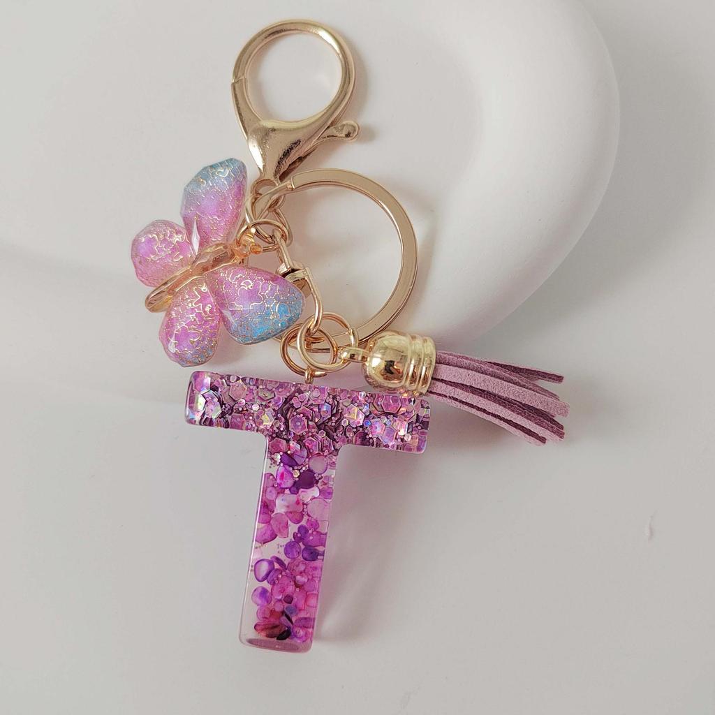 Purple Iridescent Resin Letter Keychain with Butterfly Tassel