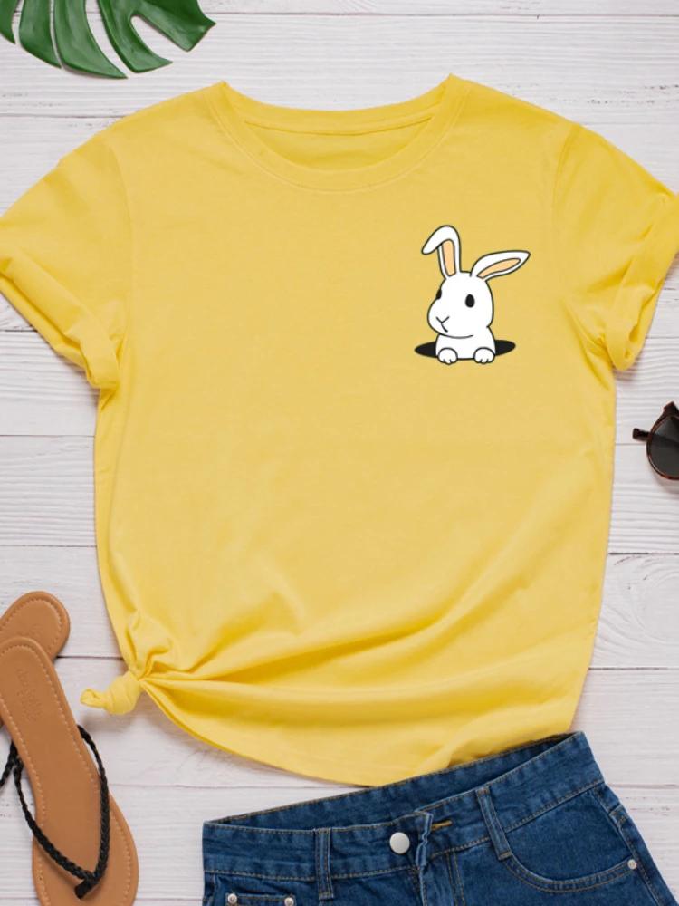 Pocket Bunny Print Women T Shirt Short Sleeve O Neck Loose Women Tshirt Ladies Tee Shirt Tops Clothes Camisetas Mujer