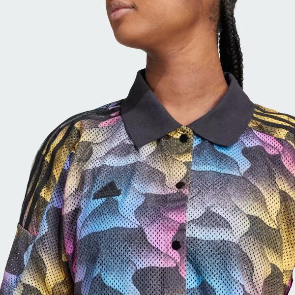 Adidas Tiro Print Mesh Collar Button-Down Short Sleeve Shirt Women Tops Multicolor IQ4815
