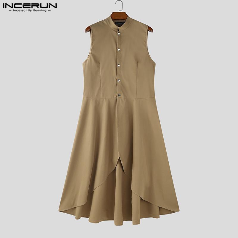 INCERUN Herren Ärmellos Knöpfe Schlitze Unregelmäßig Falten Lang Westen Oberteile