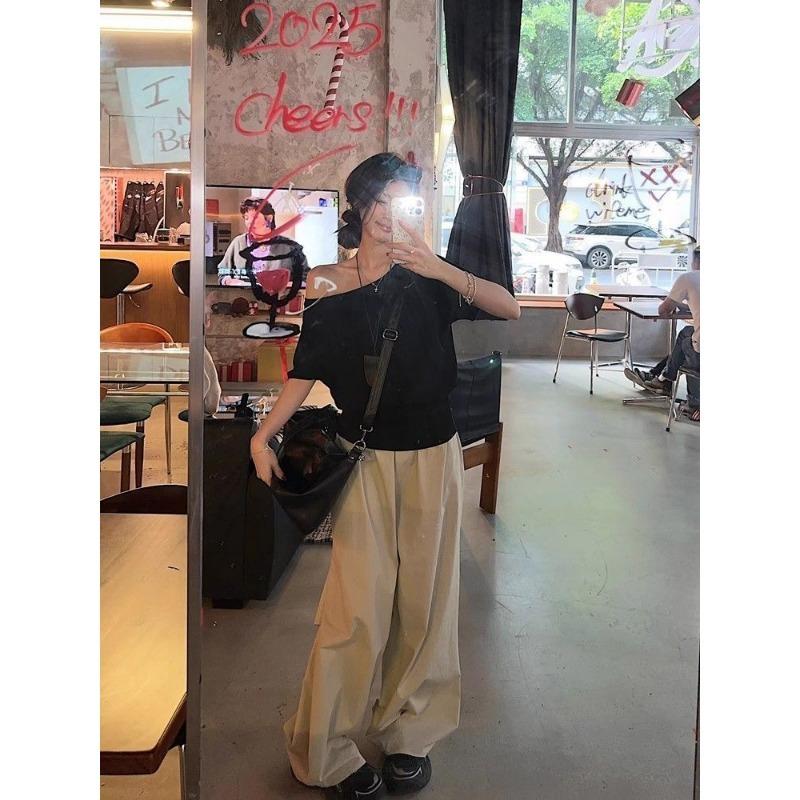 New Black One Shoulder Short Sleeve T-Shirt Women's Summer Pure Desire Loose Chic Top