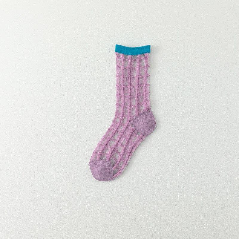 Plaid Kristall Seide Socken Frauen Casual Mode Sommer Elastische Lange Socken Koreanischen Stil Harajuku Ultra-dünne Transparente Frauen Socken