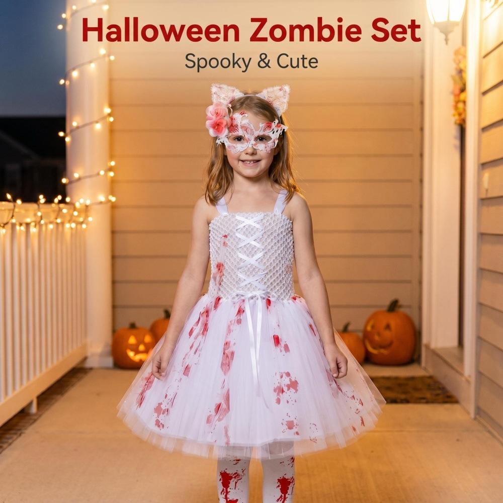 Kids Halloween Costume Dress Set with Tulle Skirt Lace Bodice Mask Headband and Printed Socks for Role Play Festival Performance Outfit M