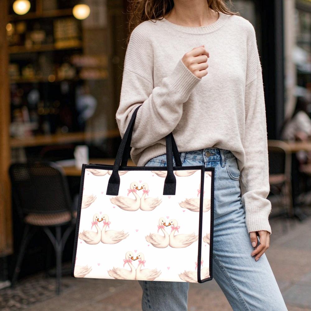Cute Swan Print Tote Bag Fashion Casual Large Capacity Shoulder Handbag for Daily Shopping Travel