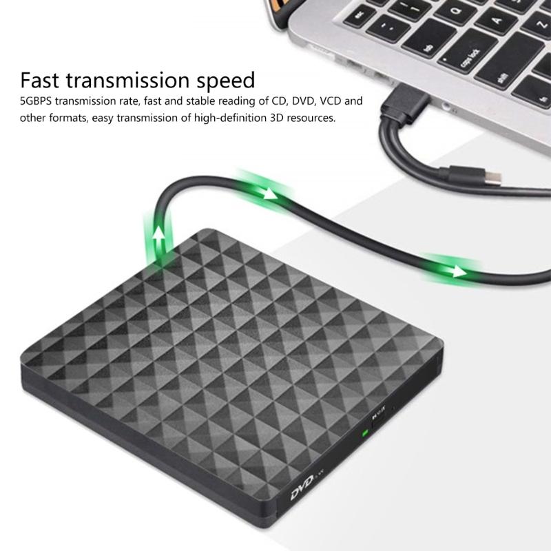 Portable USB 3.0 and Type C 2 Interfaces External DVD Drive, Fast Speed Data Transfer Writer for PC and Laptop