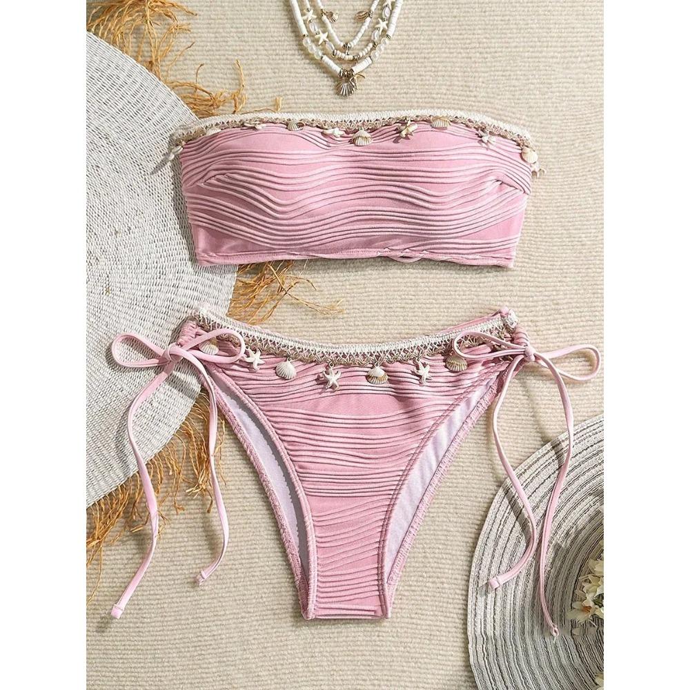 XS - XL Bandeau Wrinkled High Cut Bikini Women Swimwear Female Swimsuit Two-pieces Bikini Set Shell Bather Bathing Suit Swim