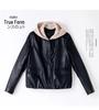 Modna damska kurtka ze skóry PU - z kapturem, ocieplana polarem, dopasowana, krótki styl Petite na wiosnę i jesień 2025
