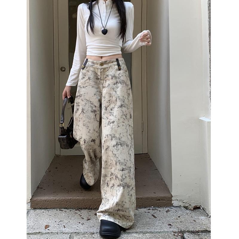 

7666 Niche Design High-Waist Slimming Women s Casual Jeans - Autumn New Chinese Style, Floor-Length Straight Wide-Leg Pants L