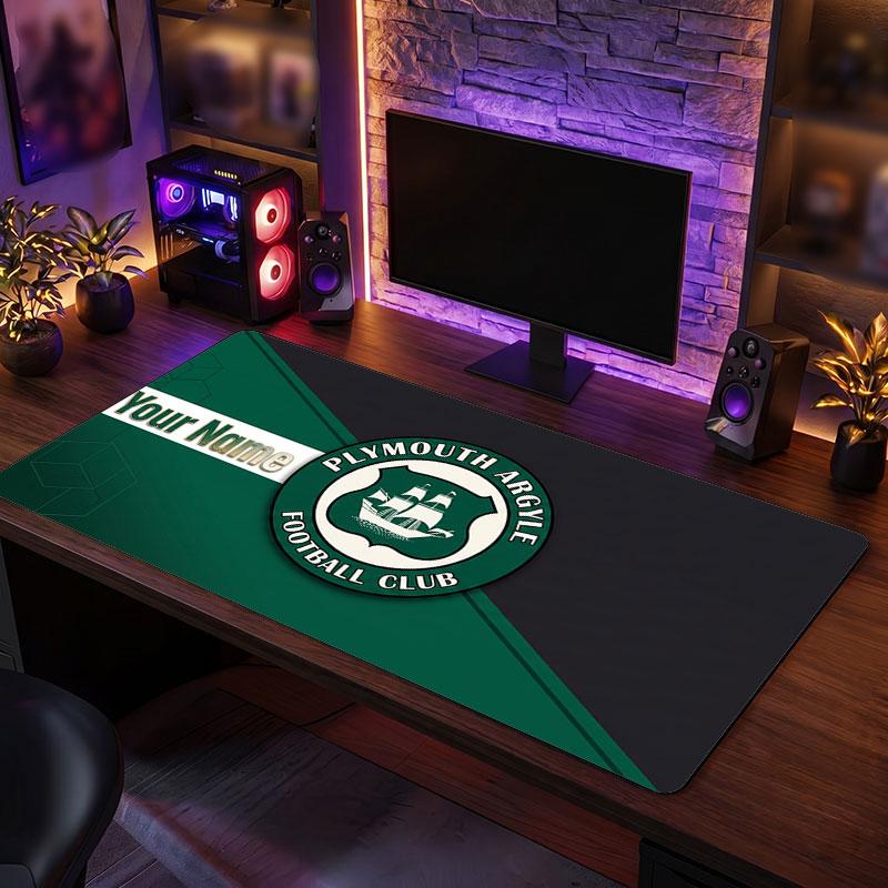 Plymouth Argyle FC Custom Large Mouse Pad, Personalized Name Text Print, Football Logo Non‑Slip Desk Mat Gaming Gift