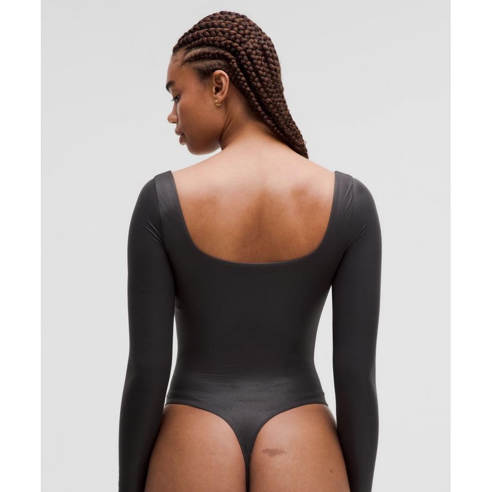 Lululemon Wundermost Ultra Soft Nulu Square Neck Long Sleeve Bodysuit  Shine Luxe Shine Foil Print Black