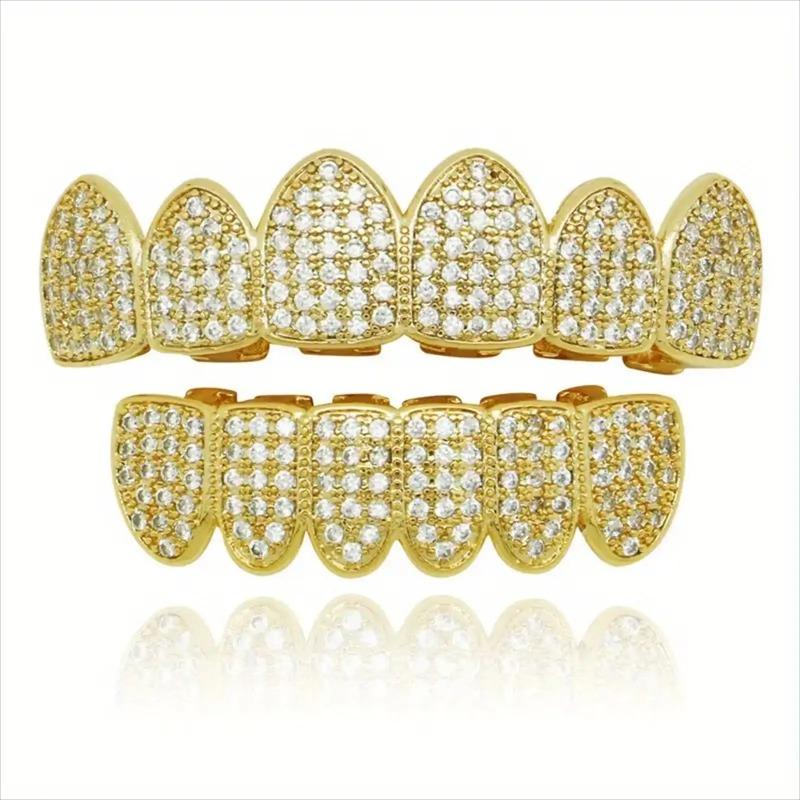 Set di Denti HipHop CZ per Unisex Mascella Superiore Inferiore Colore Oro Rame Denti Copri Denti Rimovibile Gioielli Dentali alla Moda