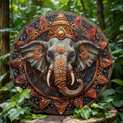 Indian Elephant Themed Wreath Decoration, Round Wooden Decor Sign, for Home, Cafe, Wall Decoration, Perfect Holiday Gift