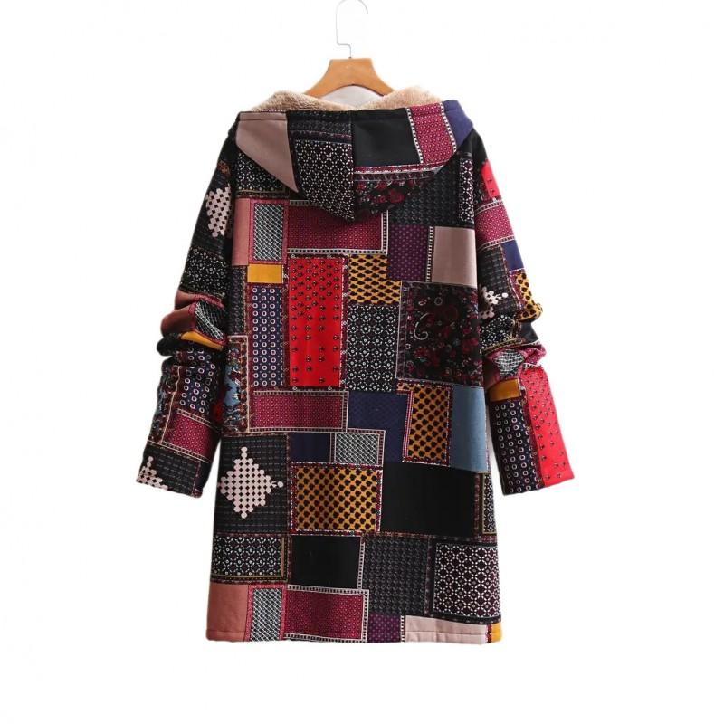 Womens Oversized Hooded Cotton-Padded Coat Winter Ethnic Style Loose Fit Warm Outerwear