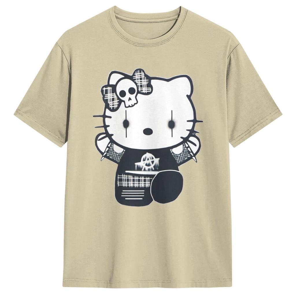 Goth Gothic Hellokitty   Black Satanic T Shirt Leisure Short-Sleeved Tops Summer 100 Cotton O Neck 4XL 5XL 6XL Clothes