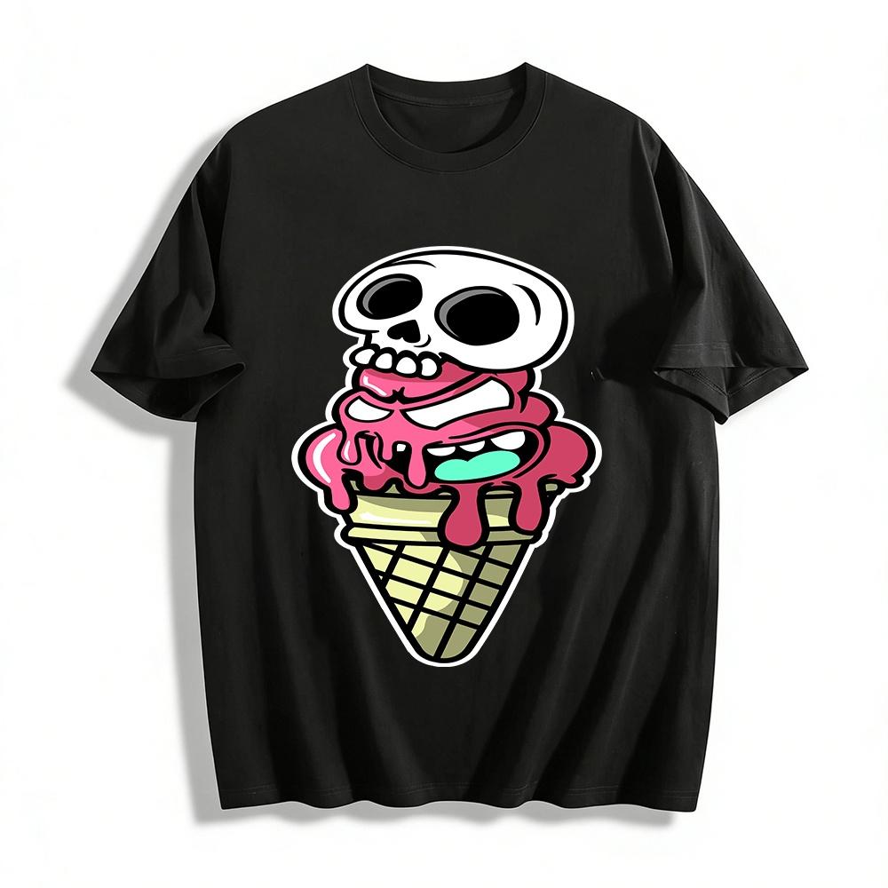 Funny Skull Ice Cream Cone Graphic Print Short Sleeve Pure cotton T-shirt XXS