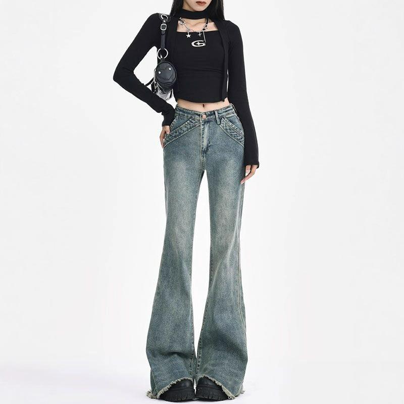 Design Sense of Large Size Jeans Female Autumn High-waisted Not Close To The Legs of The Hairy Edge Loose Micro-la Trousers Long Denim Pants