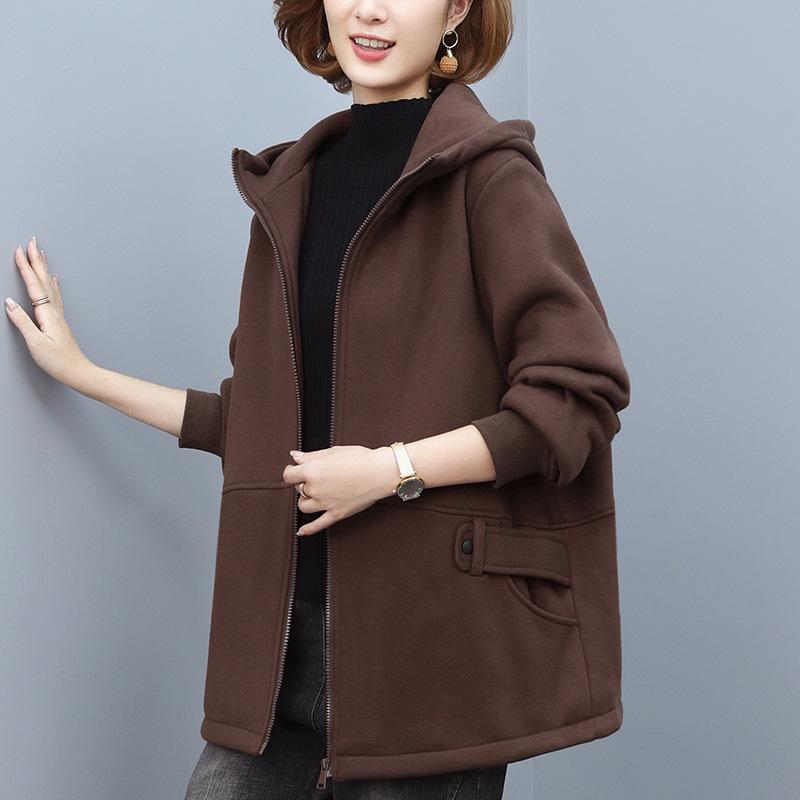 Women's Fleece-Lined Hooded Cardigan - Autumn/Winter 2024 Casual Loose Fit for Middle-Aged Moms