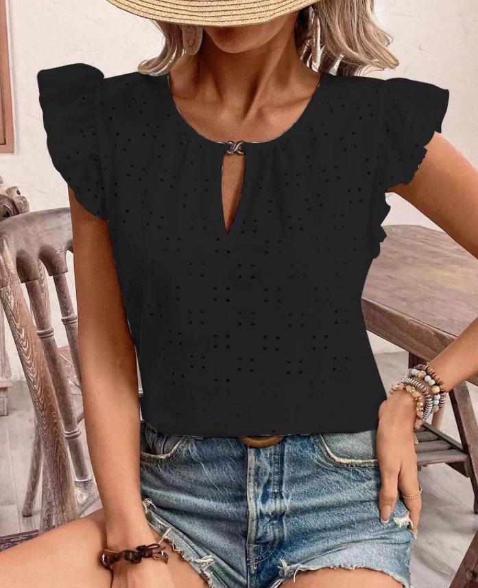 

2026 European-Style Jacquard V-Neck Semi-Sheer Short-Sleeve Women s Top XL чорний