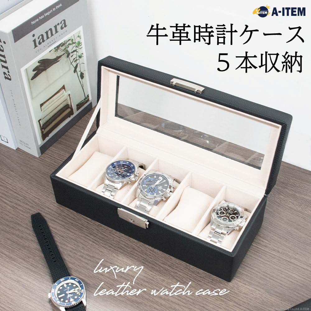 A-ITEM Watch Storage Case (Cowhide Leather) - Holds 5 Watches - Luxury Watch Case, Genuine Leather, Storage, Keeps Watches, Collection Case, Father's