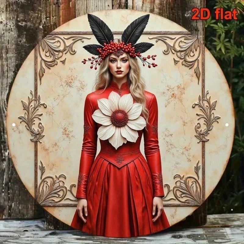 

Vintage Red Floral Metal Poster 8x8 Inch Aluminum Baroque Wall Art for Living Room