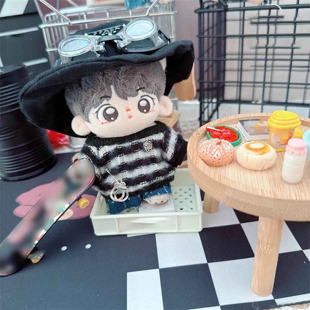 Niannyyhouse 10cm-15cm Plush Doll Clothes, Hat, Sweater, Jeans, Goggles, 17cm Doll Clothes, Dress-Up (Black)