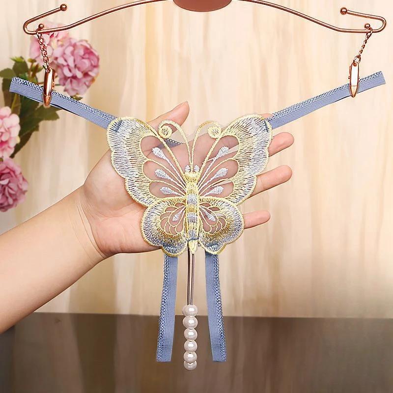Women Sexy String Butterfly Embroidery Briefs Ultra-Thin Lace Underwear See-Through Low Rise T-Back Open Crotch Underpants