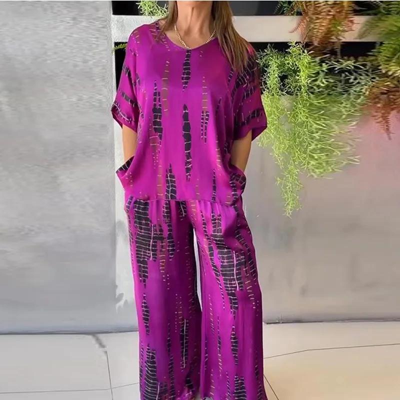 Summer Casual Vintage Printed O Neck Short Sleeve Shirt Wide Leg Pants Suit Women Two Piece Set Comfortable Outfits