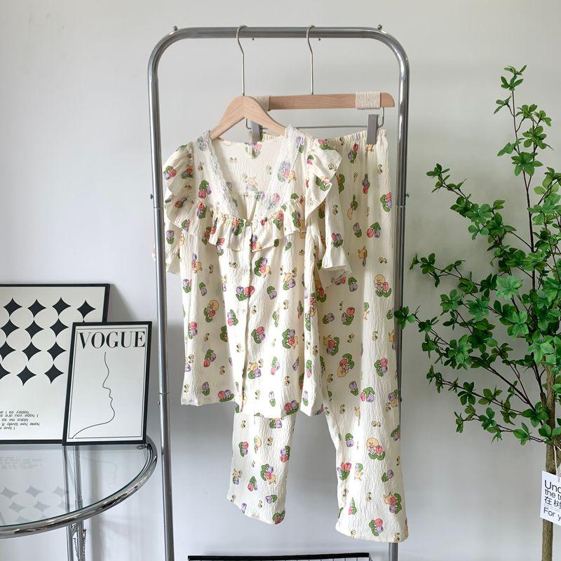 Spring and Autumn Lace Floral Pajamas Female Princess Style Loose Sweet Home Wear Clouds Cotton Suit Short Sleeve Pants