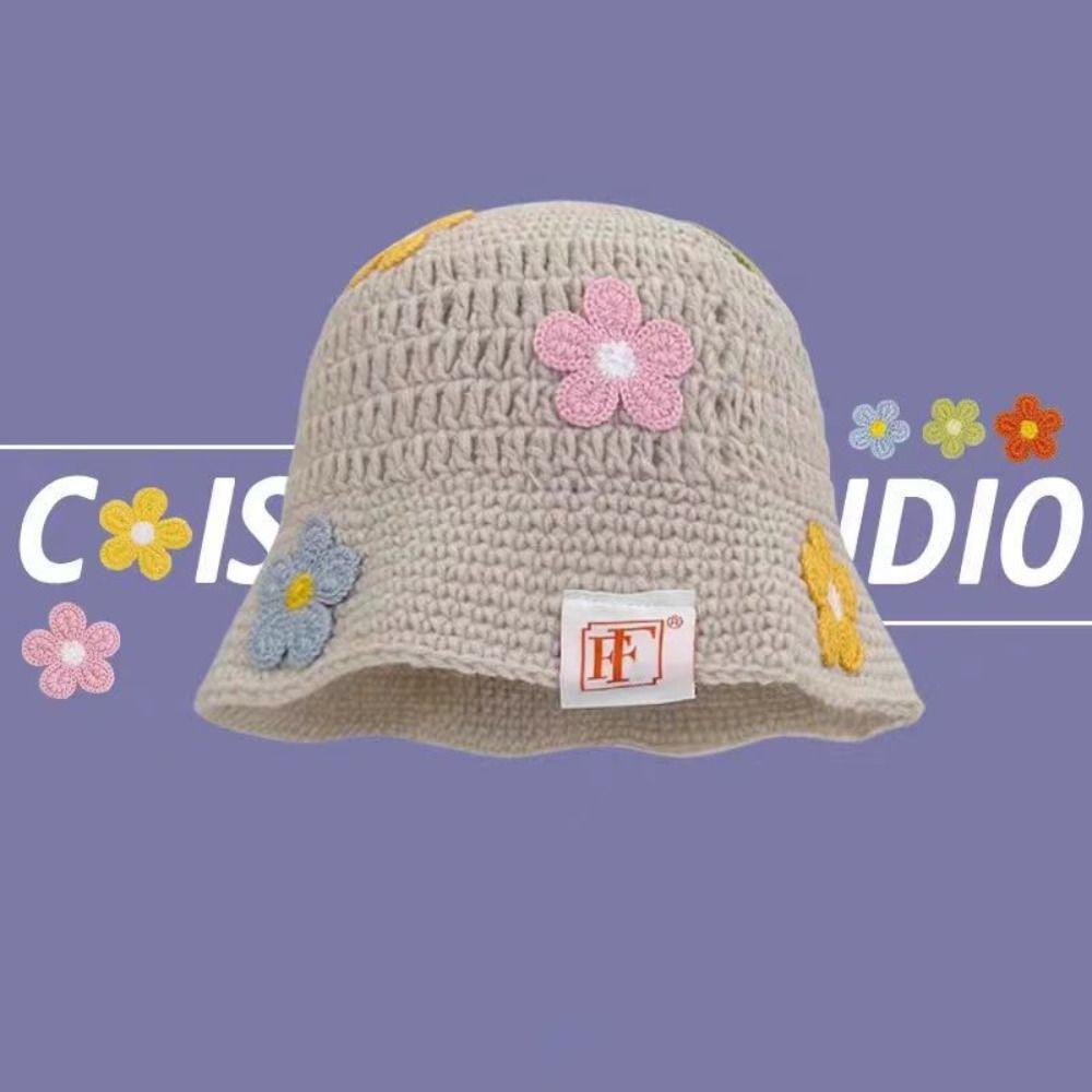 Korean Style Beanies Hat Handmade Bucket Hat Casual Flower Knitted Hat  Outdoor