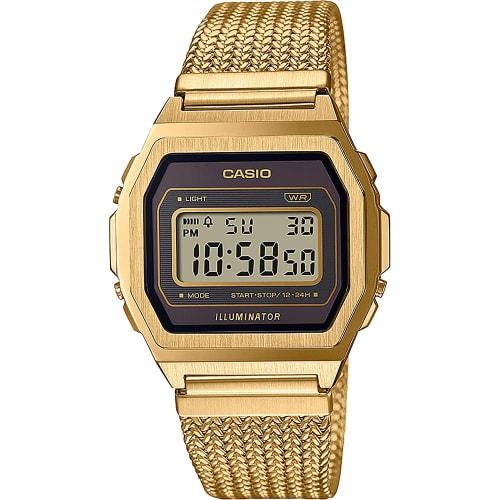 

Жіночий цифровий годинник Casio Collection Vintage з сітчастим ремінцем з нержавіючої сталі, золото/чорний, класичний