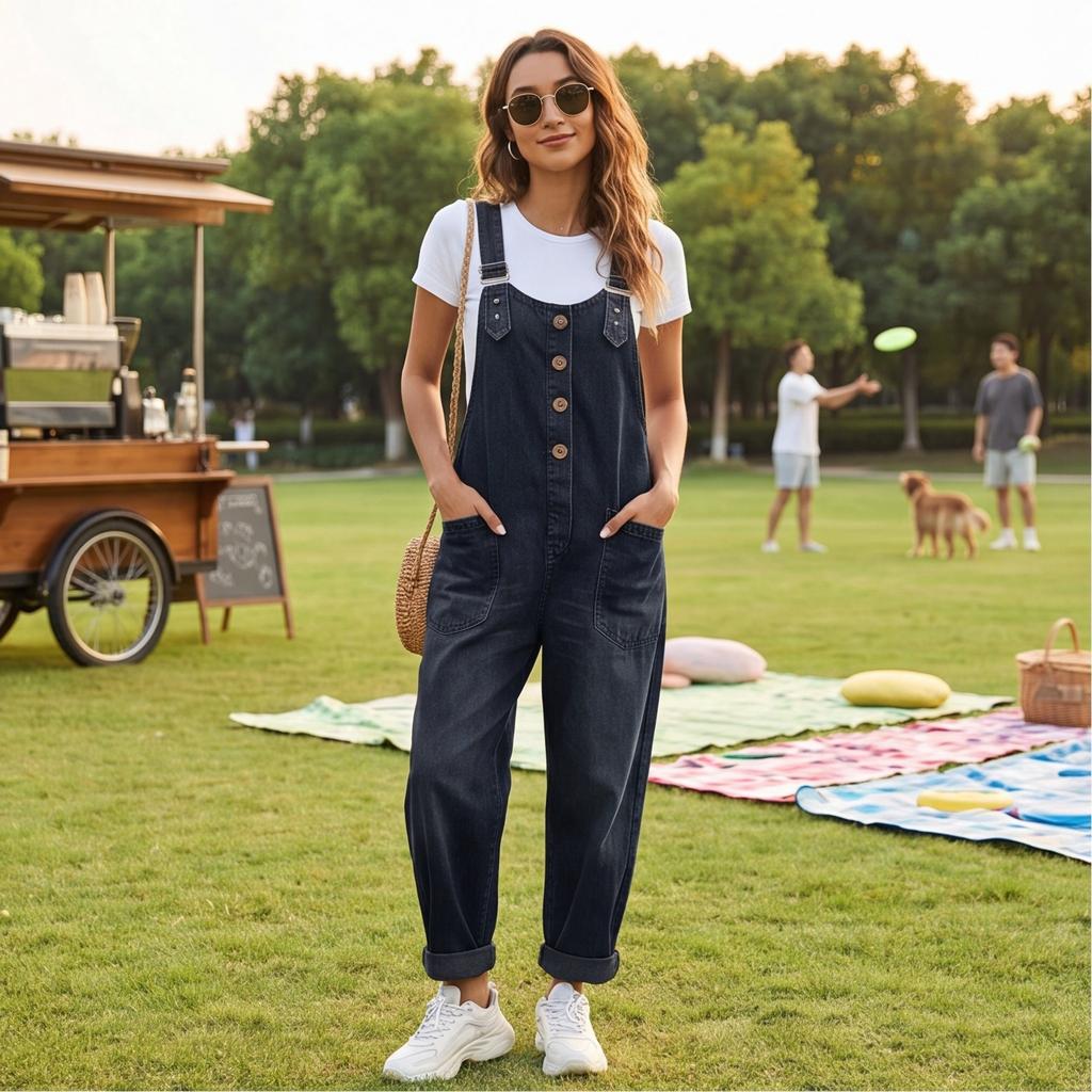 Women’s Loose Fit Denim Overalls Adjustable Strap Jumpsuit with Front Button Detail and Large Pockets Casual Sleeveless Bib Pants