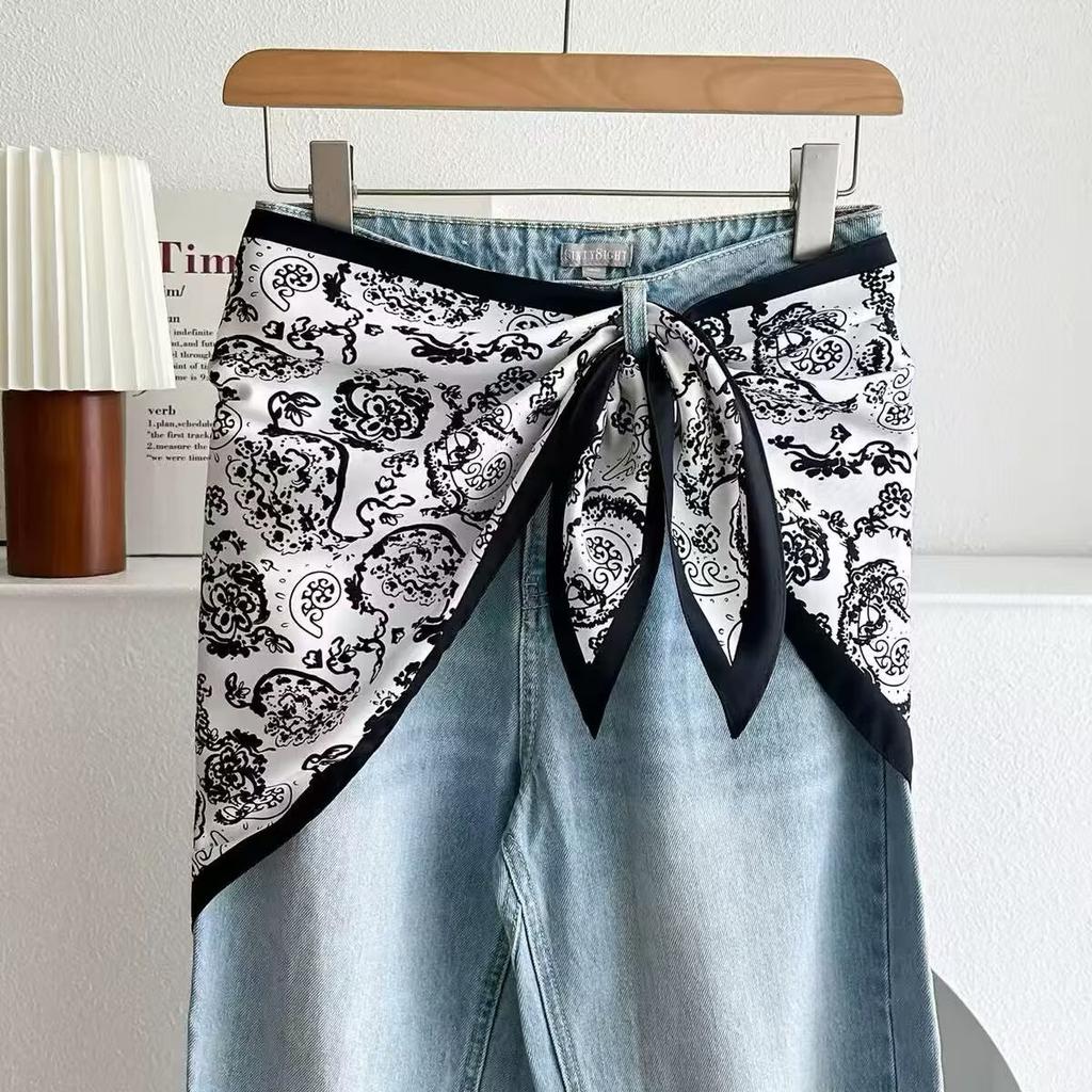 New triangular black and white rhombus square silk scarf, trouser skirt, triangular belt skirt, scarf with jeans