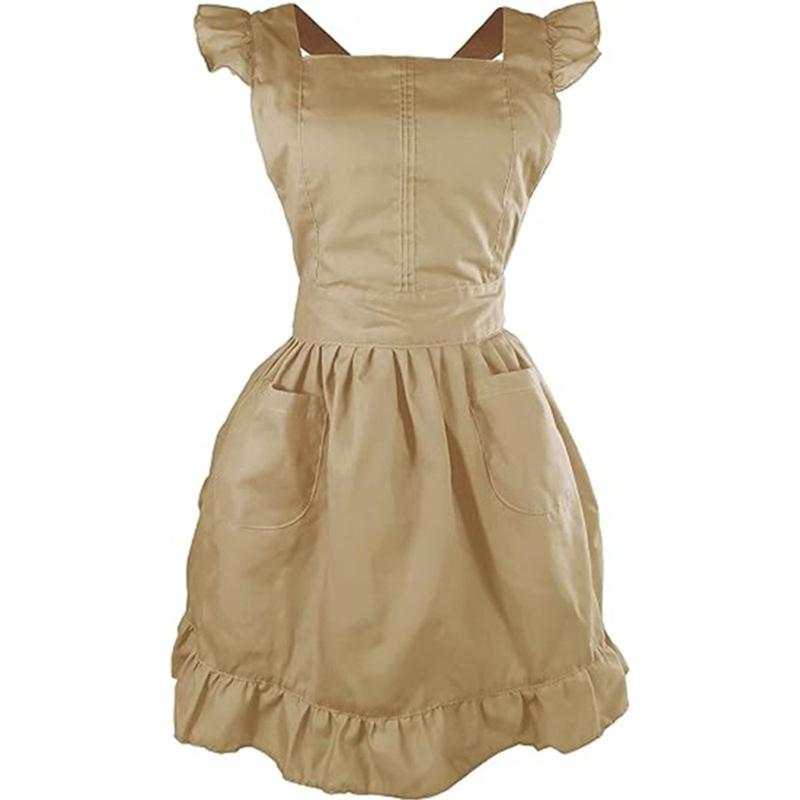Women Ruffled Apron with Pocket Cotton Apron Pinafore Dress Ruffle Maid Apron Kitchen Cooking Apron for Baking Gardening