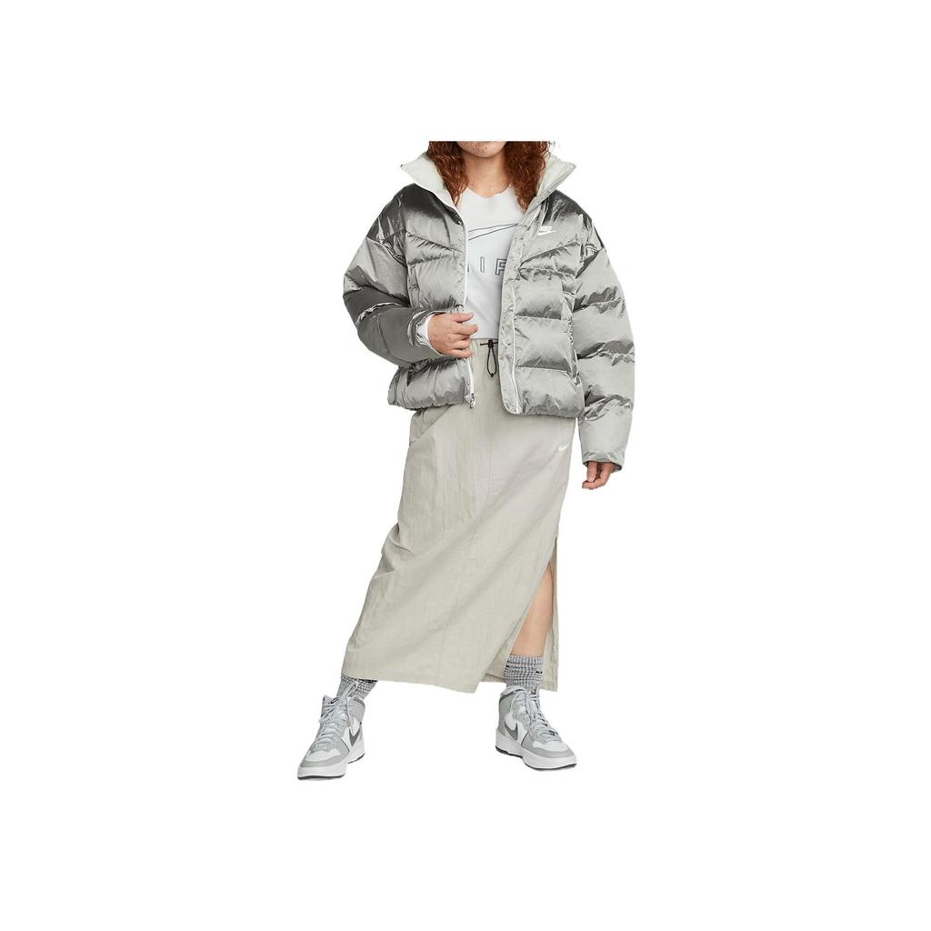 Nike Sportswear Therma-Fit City Series Solid Logo Print Zip-Up Warm Cotton Jacket Women Jackets Silver DQ6889-014