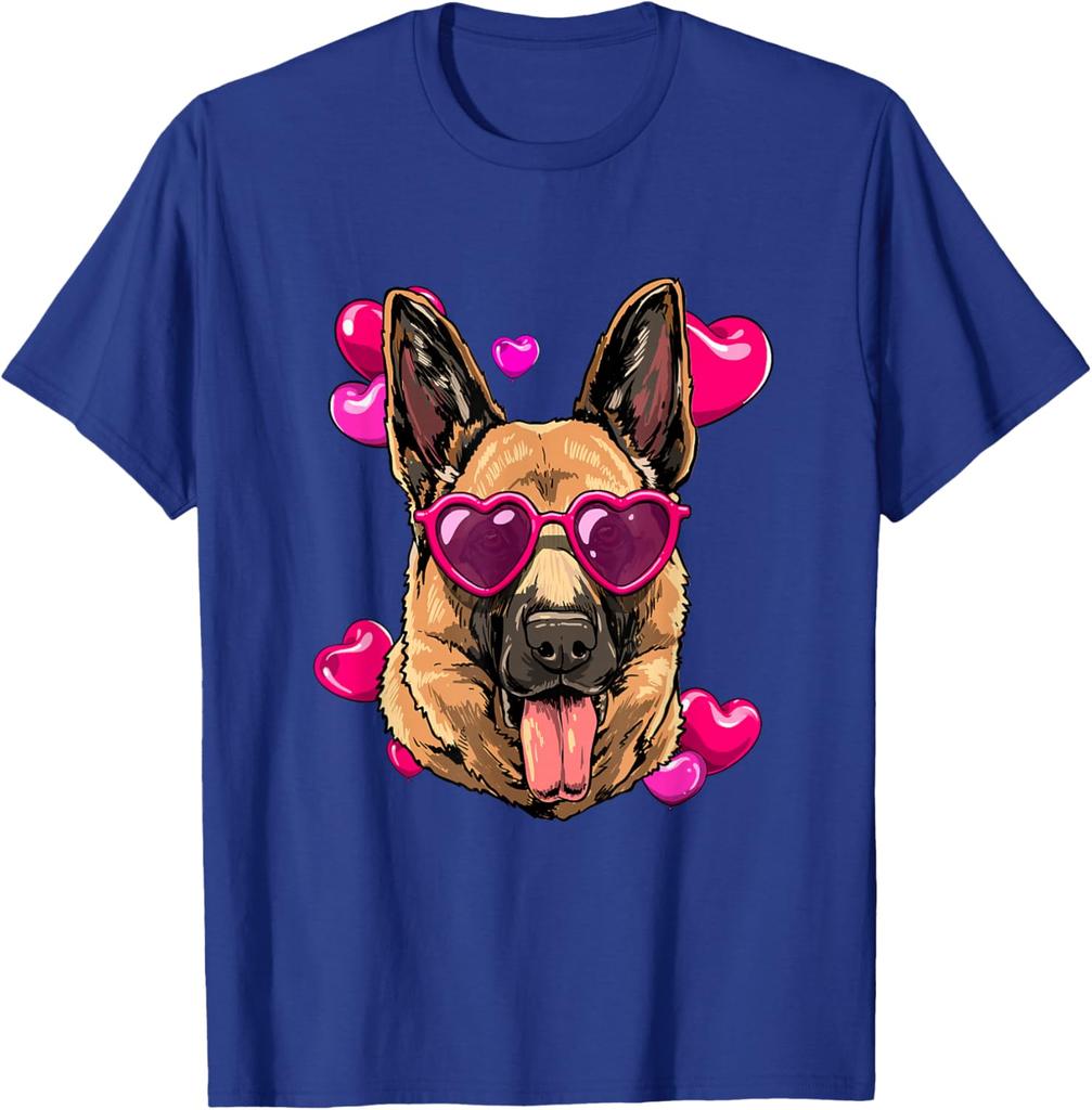 German Shepherd Valentine Heart Glasses Dog Lover Graphic Tee Soft Breathable Short Sleeve T-Shirt