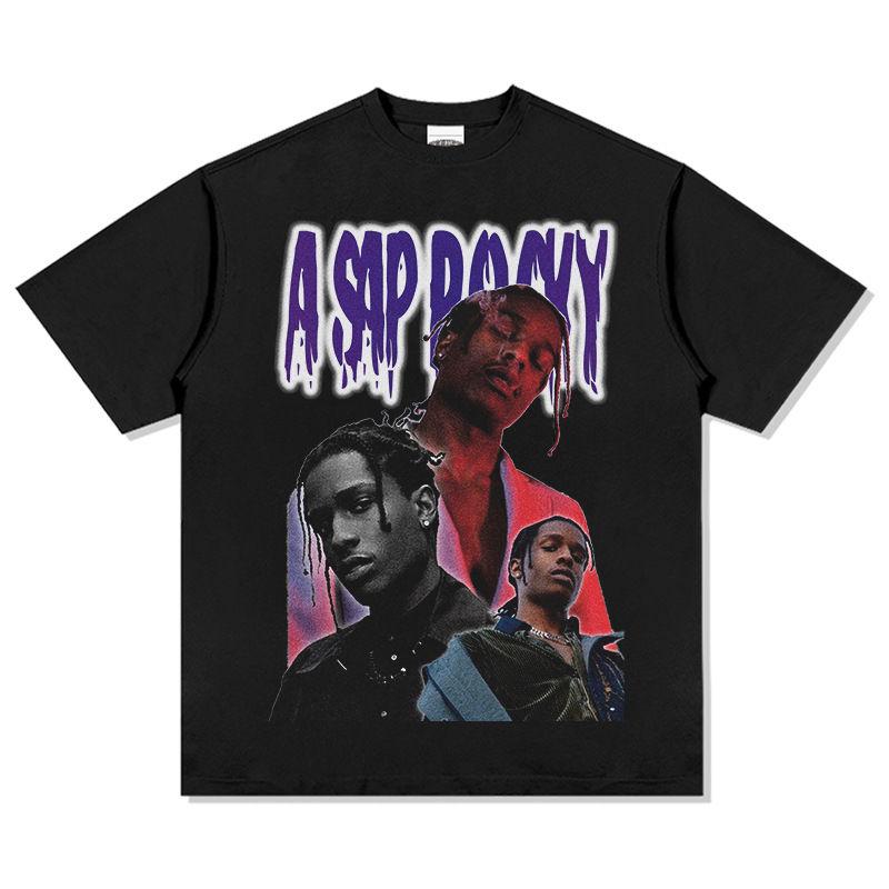 ASAP A $AP ROCKY High Street Hip Hop Rap T-Shirt Men's Heavyweight Loose Small Neckline Short Sleeves Comfortable Unisex Tshirt
