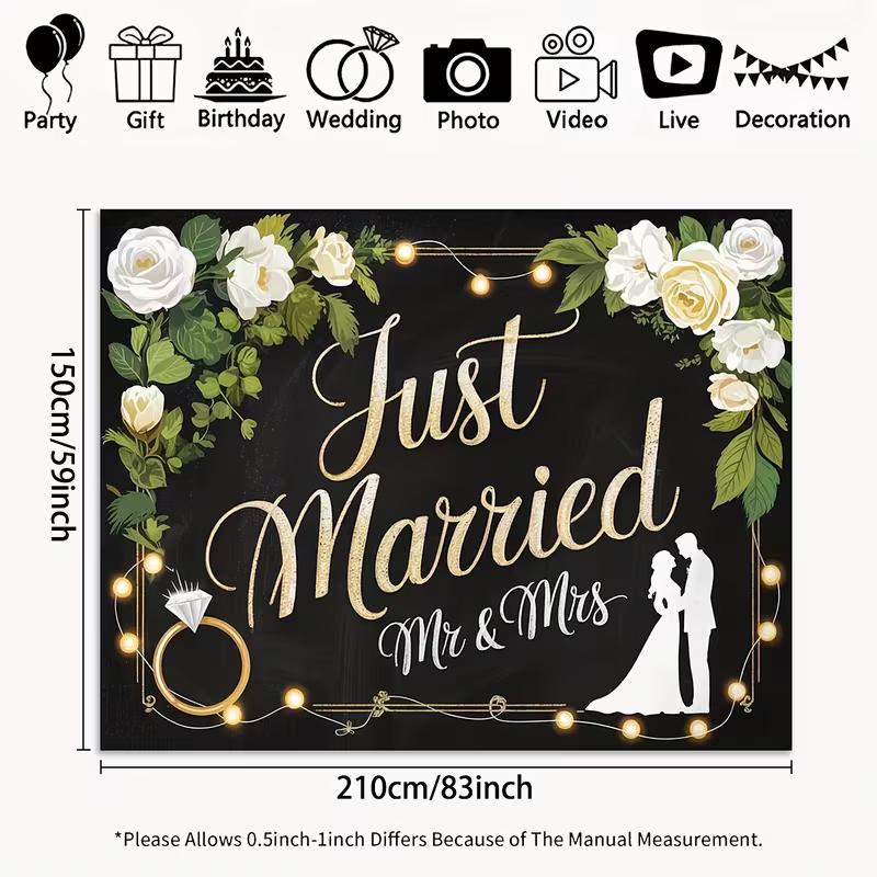 

2D Floral Just Married Backdrop with Couple Silhouette Wedding Decor 47.2x31.5inch/120*80cm
