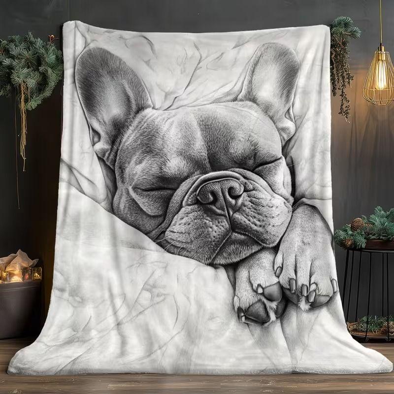 VIKAMA Sketch French Bulldog Flannel Throw Blanket Black White Pencil Dog Neutral Bedroom Camping Decor Gift Cover