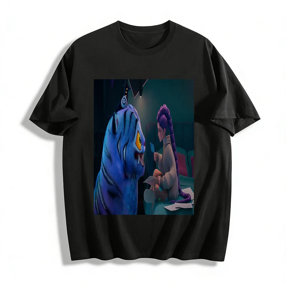 

Chinese Style Anime IP Co-branded T-shirt, Blue Tiger & Purple-haired Girl Print, Trendy Casual Top for Men & Women Pure cotton T-shirt XXS