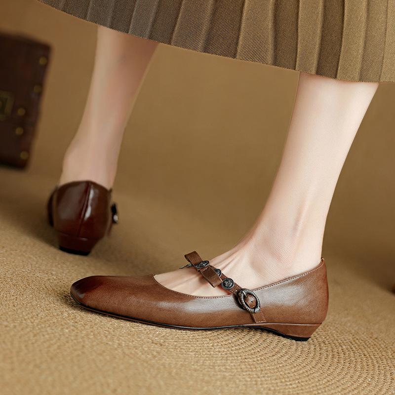 Sheepskin~ New Retro Single Shoes Women's Skirt Beautiful Small Leather Shoes Bow Metal One-word Buckle Mary Jane Shoes