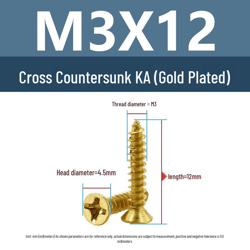 Yigu Gold-Plated Carbon Steel Self-Tapping Screws: Countersunk Head, Flat Head, Pointed Tail, Sizes M2-M4, Ideal for Electronics.